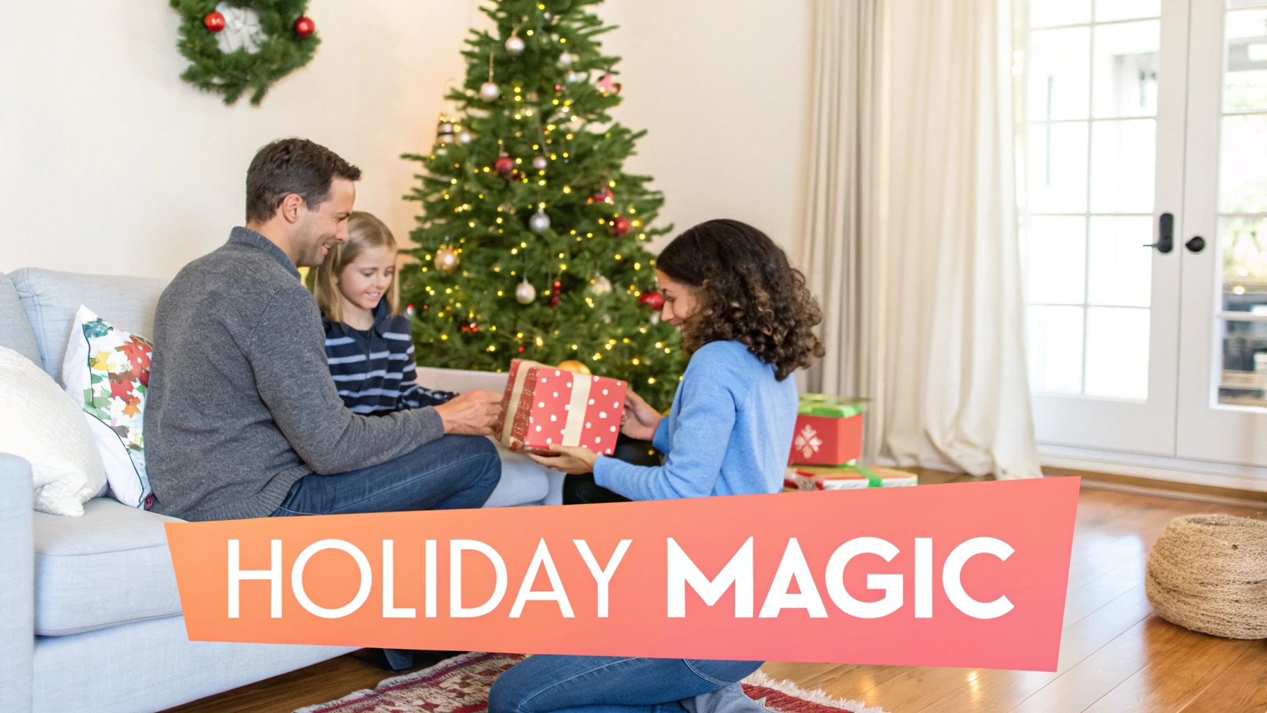 A happy family exchanging Christmas presents in a living room with a decorated Christmas tree.