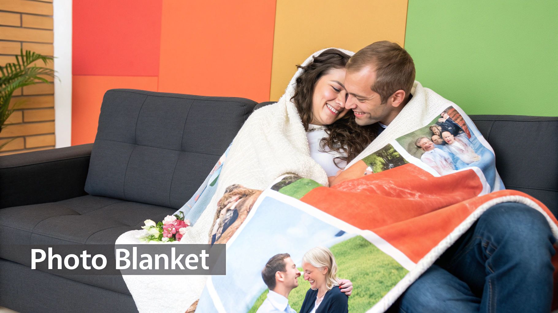 A happy couple shares a cozy moment on a sofa under a personalized photo blanket.
