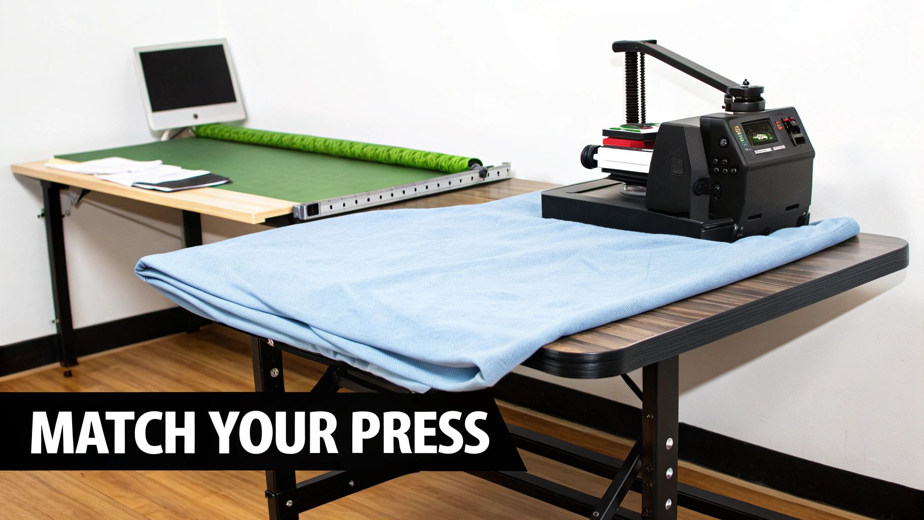 A professional heat press machine on a table with blue fabric, next to a computer workspace.