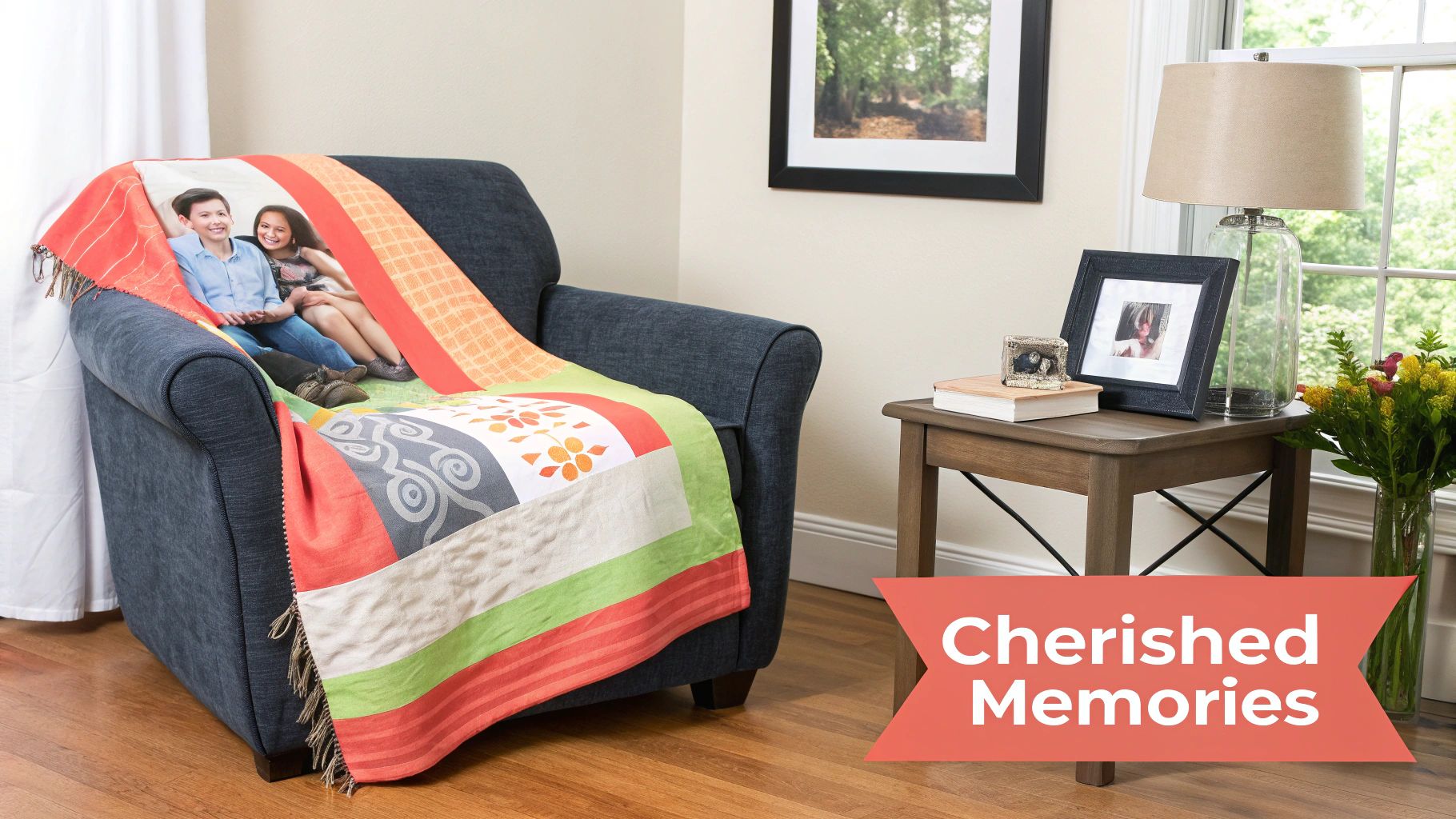 A cozy living room with a personalized photo blanket featuring two smiling children draped over a blue armchair, evoking cherished memories.