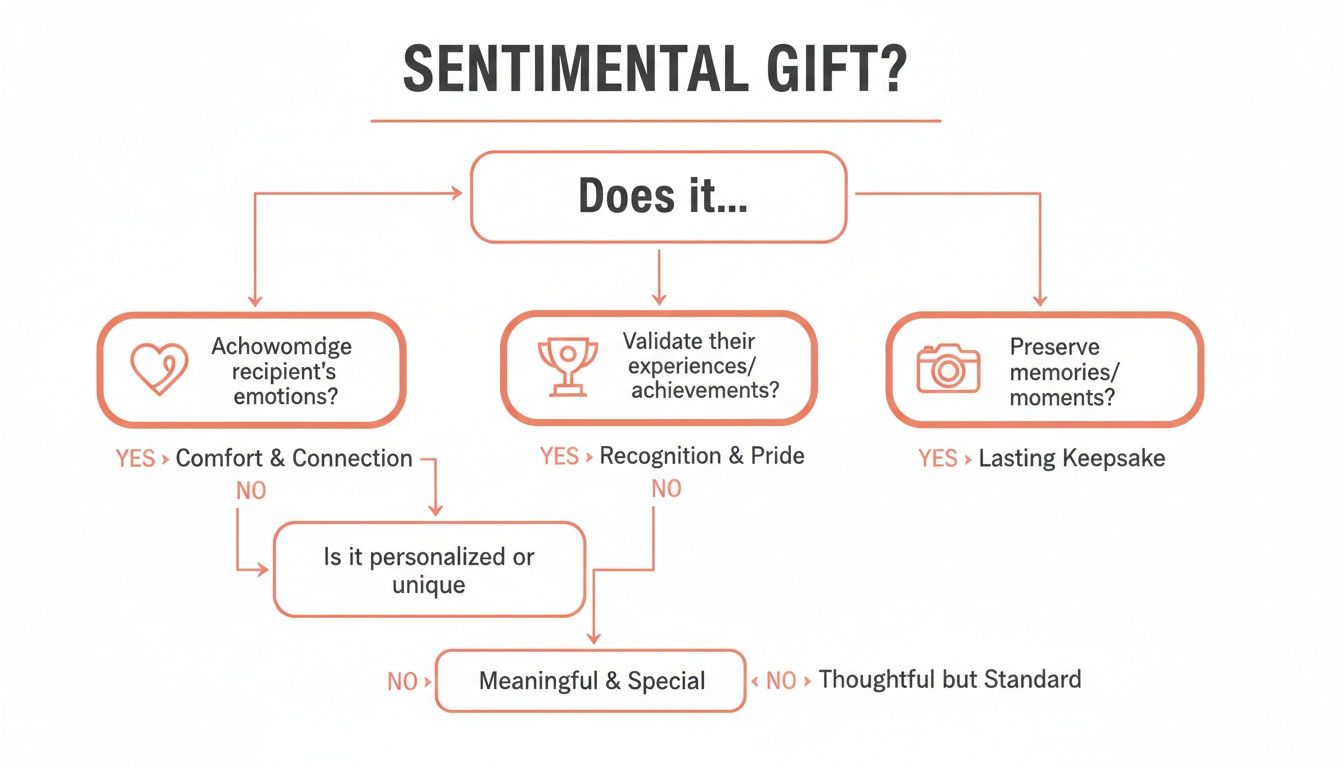 A flowchart outlining criteria for sentimental gifts, asking if it 'achowomdges' emotions, validates achievements, or preserves memories.