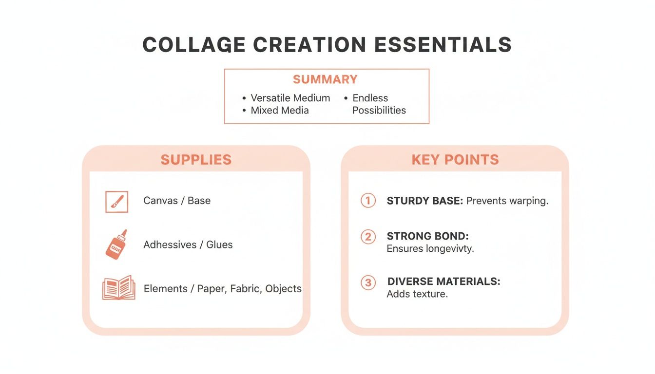 An infographic detailing collage creation essentials, covering summary, supplies, and key points for artists.