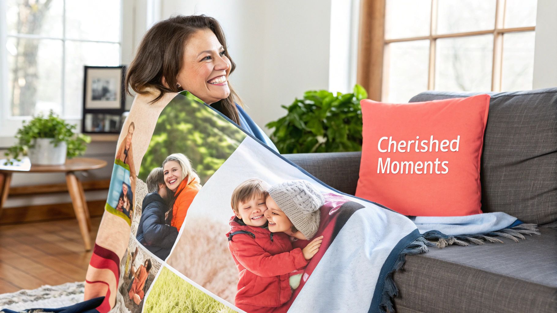 A smiling mother wrapped in a custom photo blanket featuring family pictures.