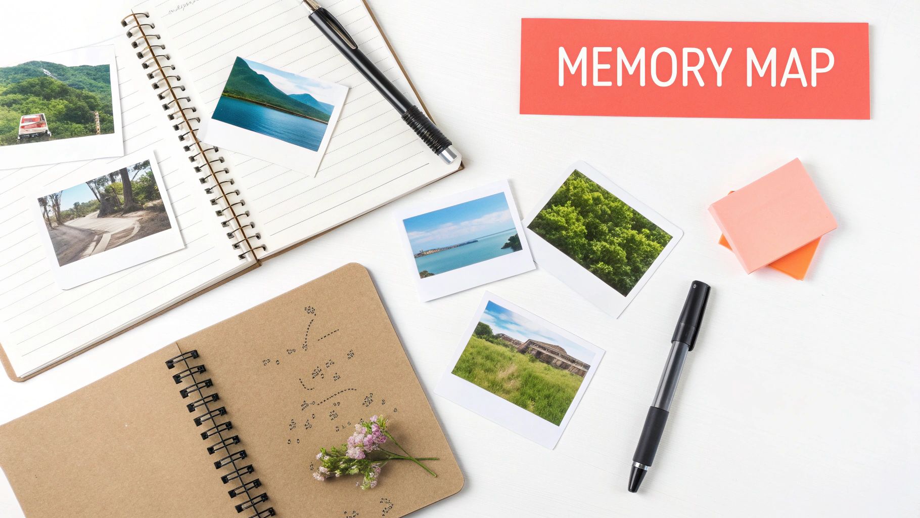A flat lay of travel photos, open notebooks, pens, and sticky notes on a white desk, with a 'MEMORY MAP' sign.