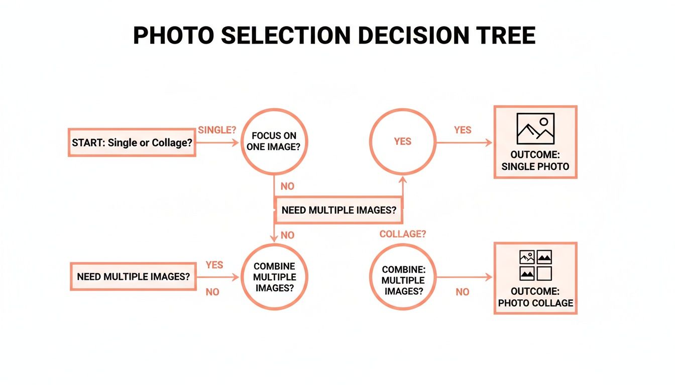 A photo selection decision tree diagram guiding users to choose between a single photo or a photo collage.