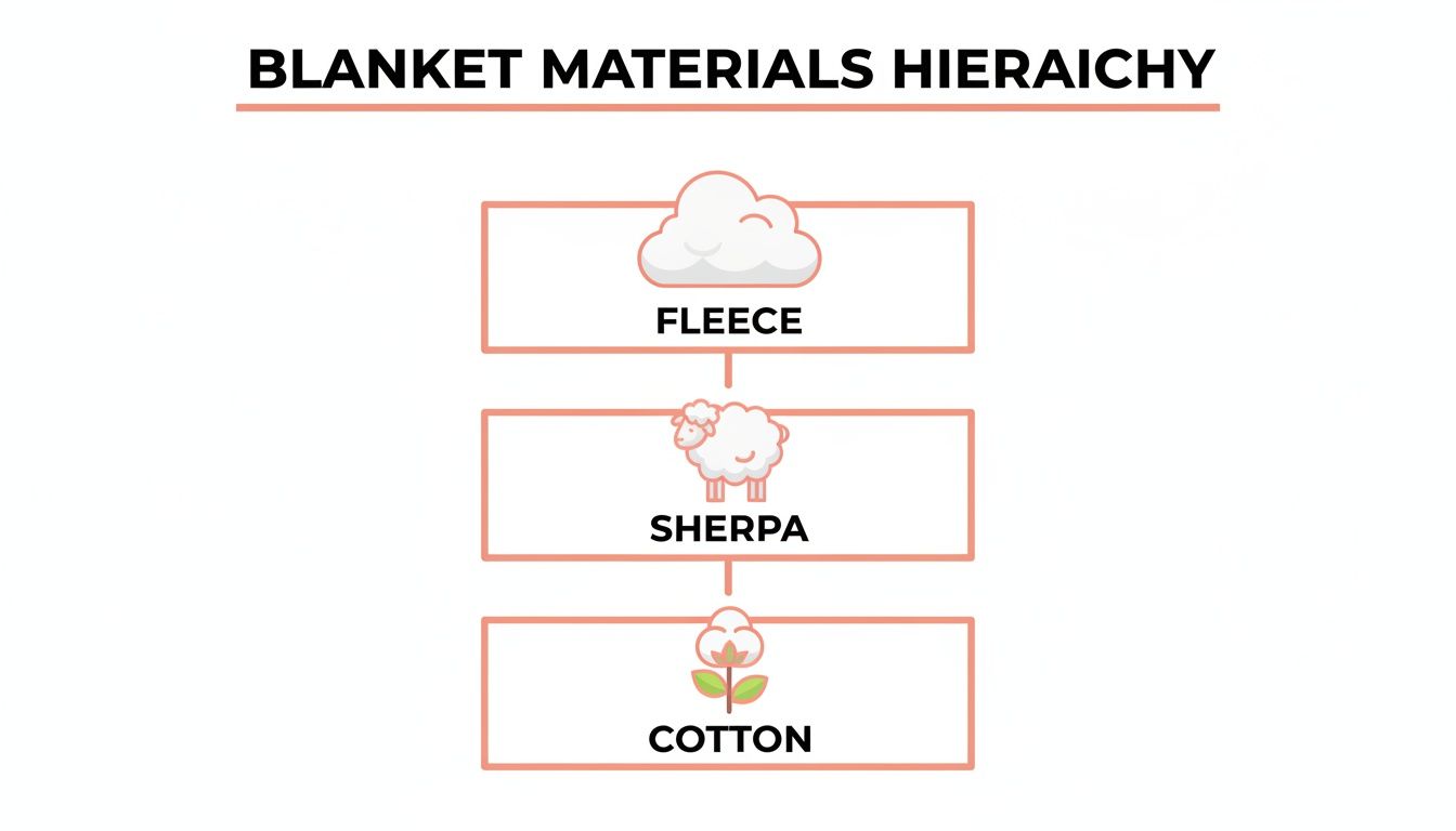 A vertical hierarchy diagram illustrating popular blanket materials: Fleece, Sherpa, and Cotton, each with an icon.