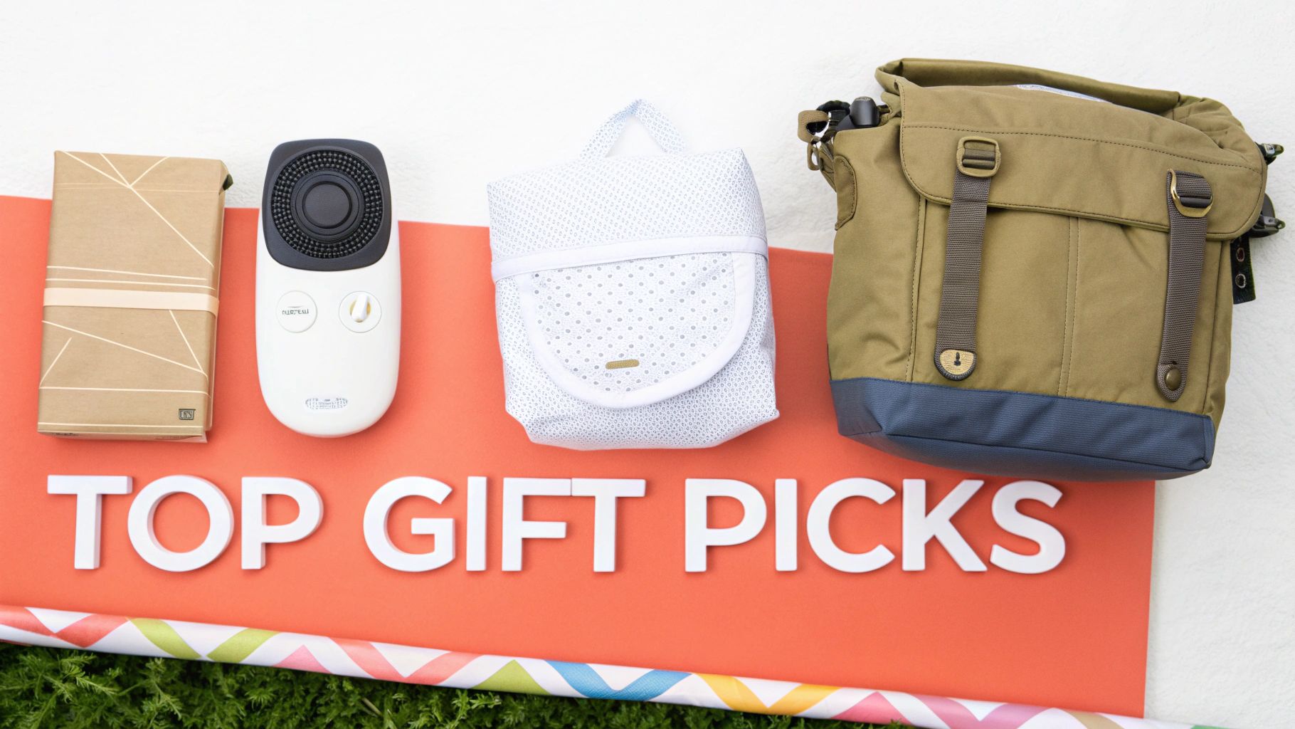 Top gift picks for new parents, featuring a baby monitor, diaper bag, and wrapped presents.