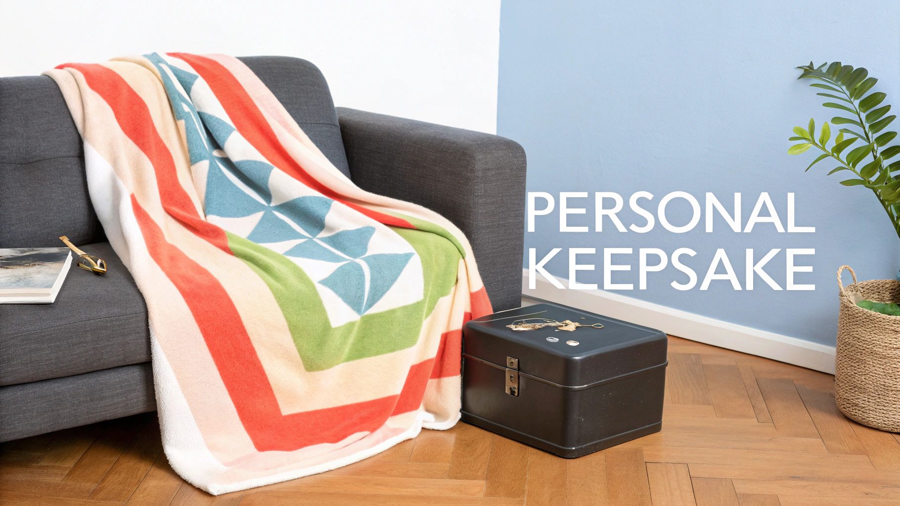 A vibrant striped blanket drapes over a grey sofa, beside a black personal keepsake box on a wooden floor.