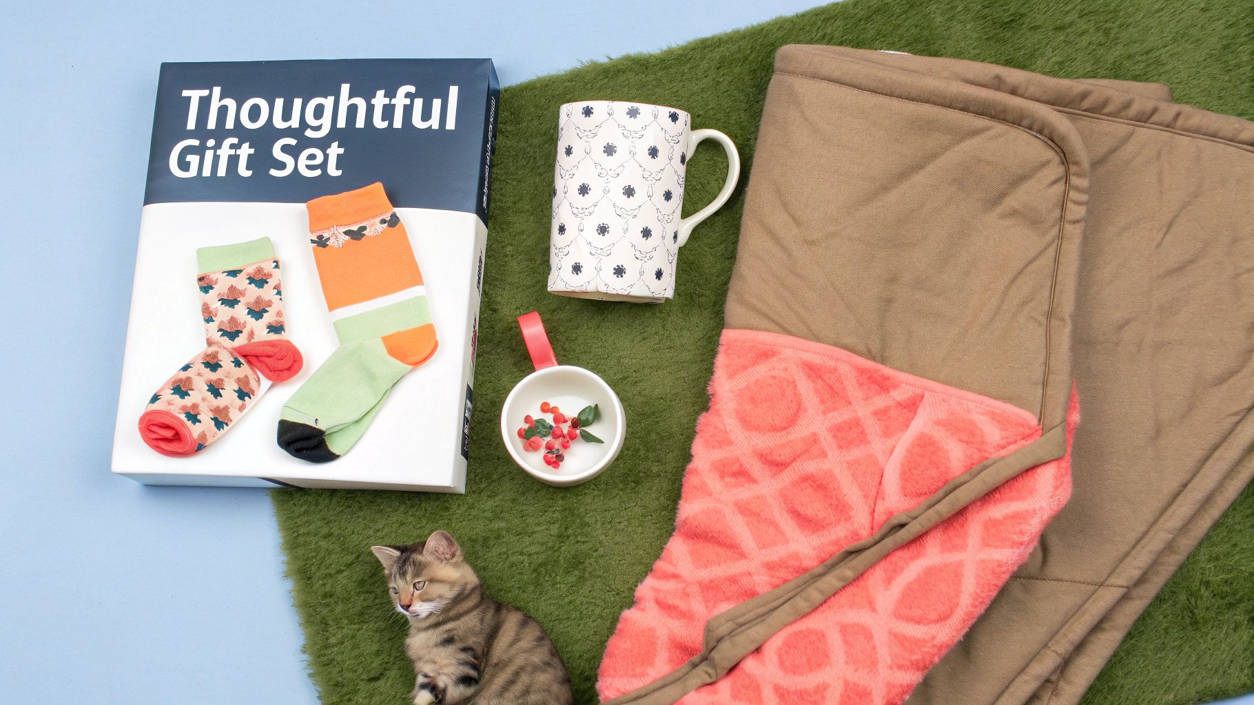 A thoughtful gift set with socks, a mug, a blanket, and a small cat on a green rug.