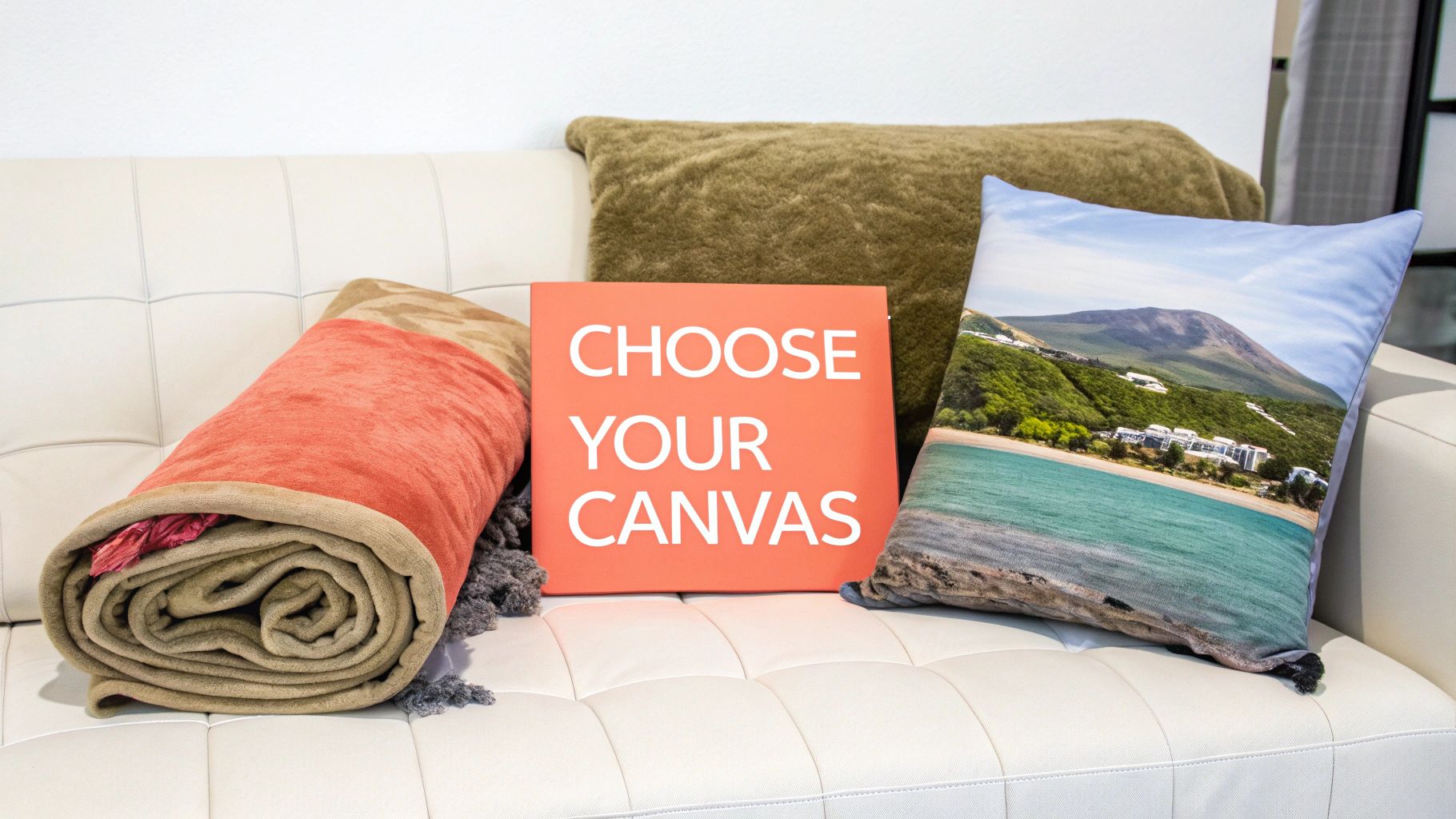 A white tufted sofa displays a rolled blanket, an orange sign, and two decorative pillows.
