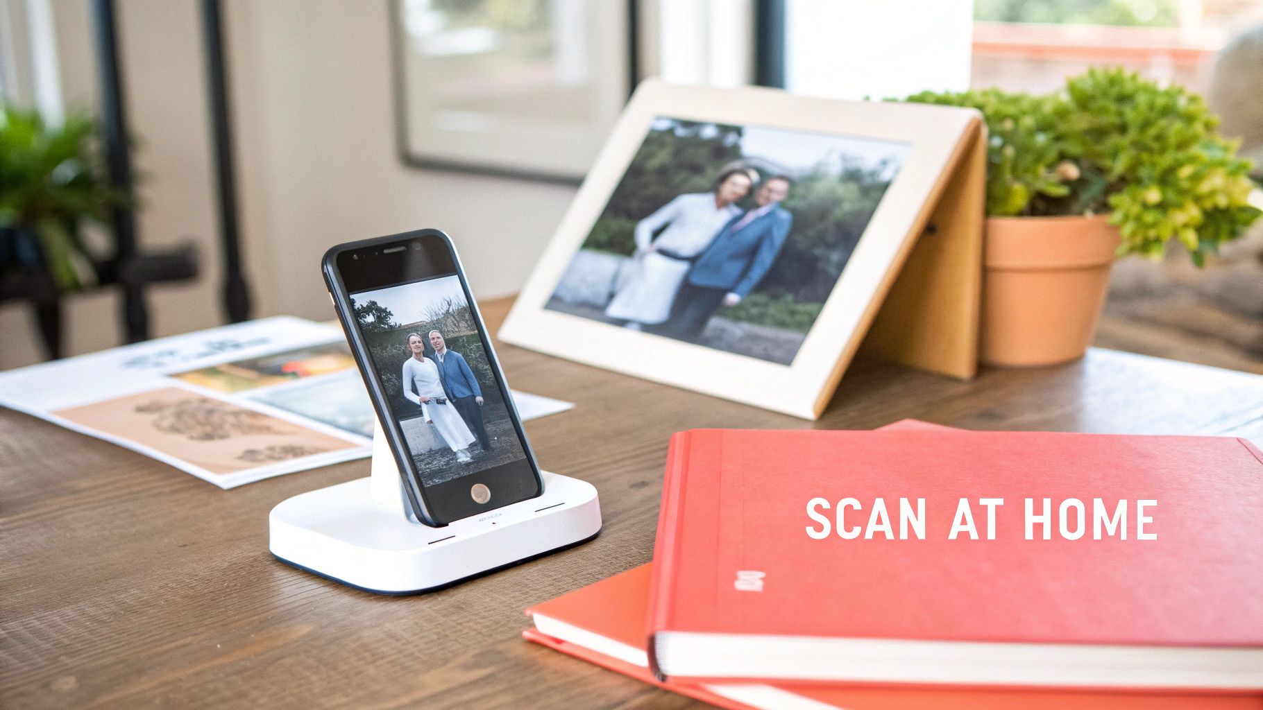A smartphone in a dock displays a scanned photo of a couple, with a framed print nearby.
