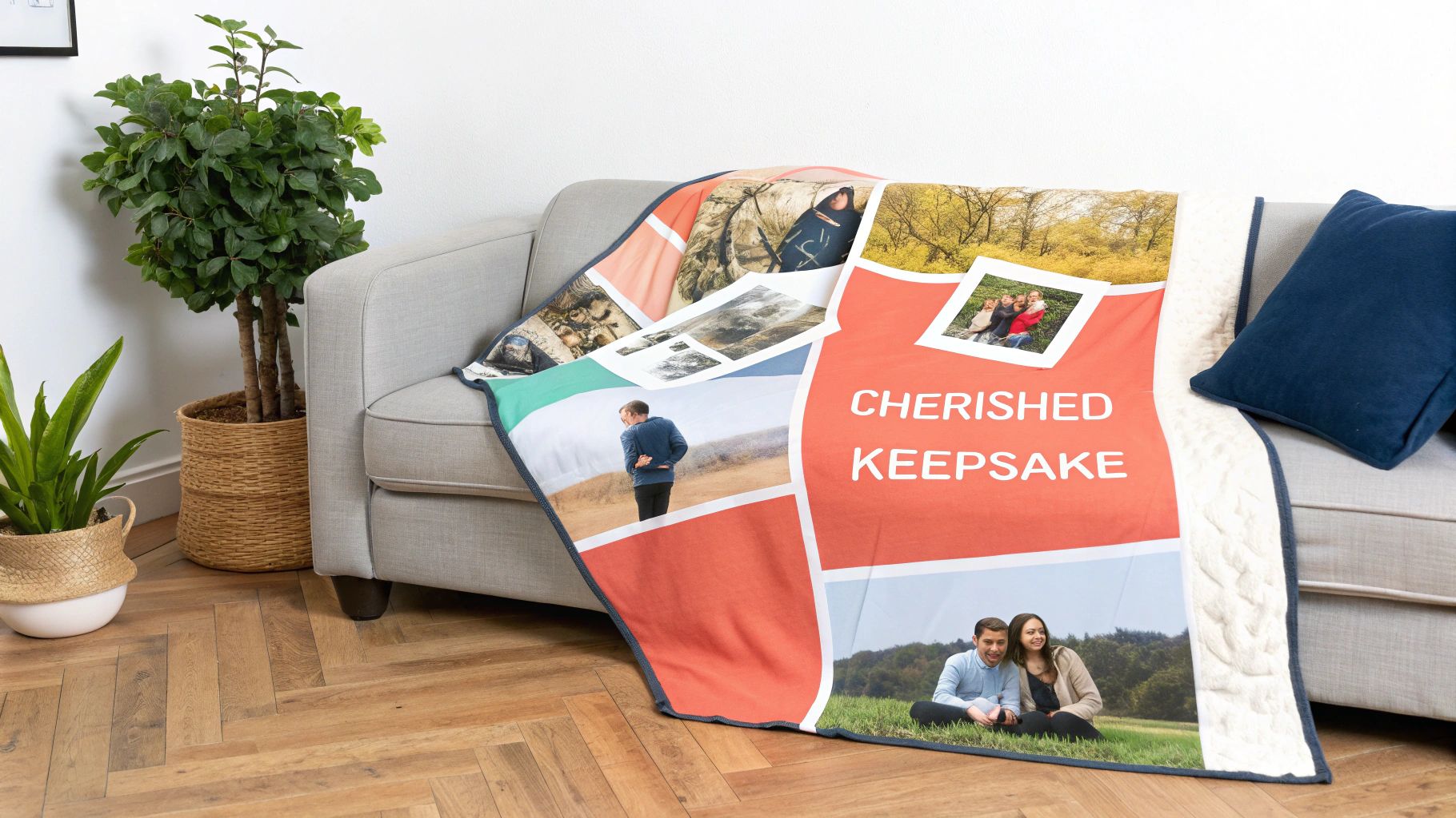 A personalized photo blanket with various images and "CHERISHED KEEPSAKE" text draped over a grey sofa.