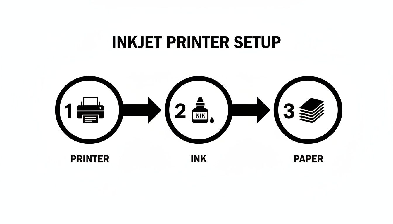 A black and white infographic showing three steps for inkjet printer setup: 1. Printer, 2. Ink, 3. Paper.