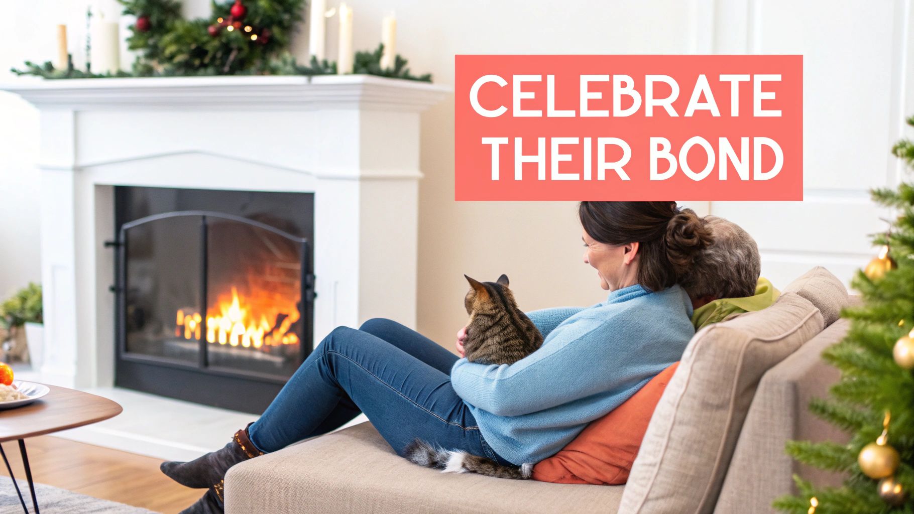 A woman cuddling a cat on a sofa by a warm fireplace, with Christmas decorations in a cozy living room.