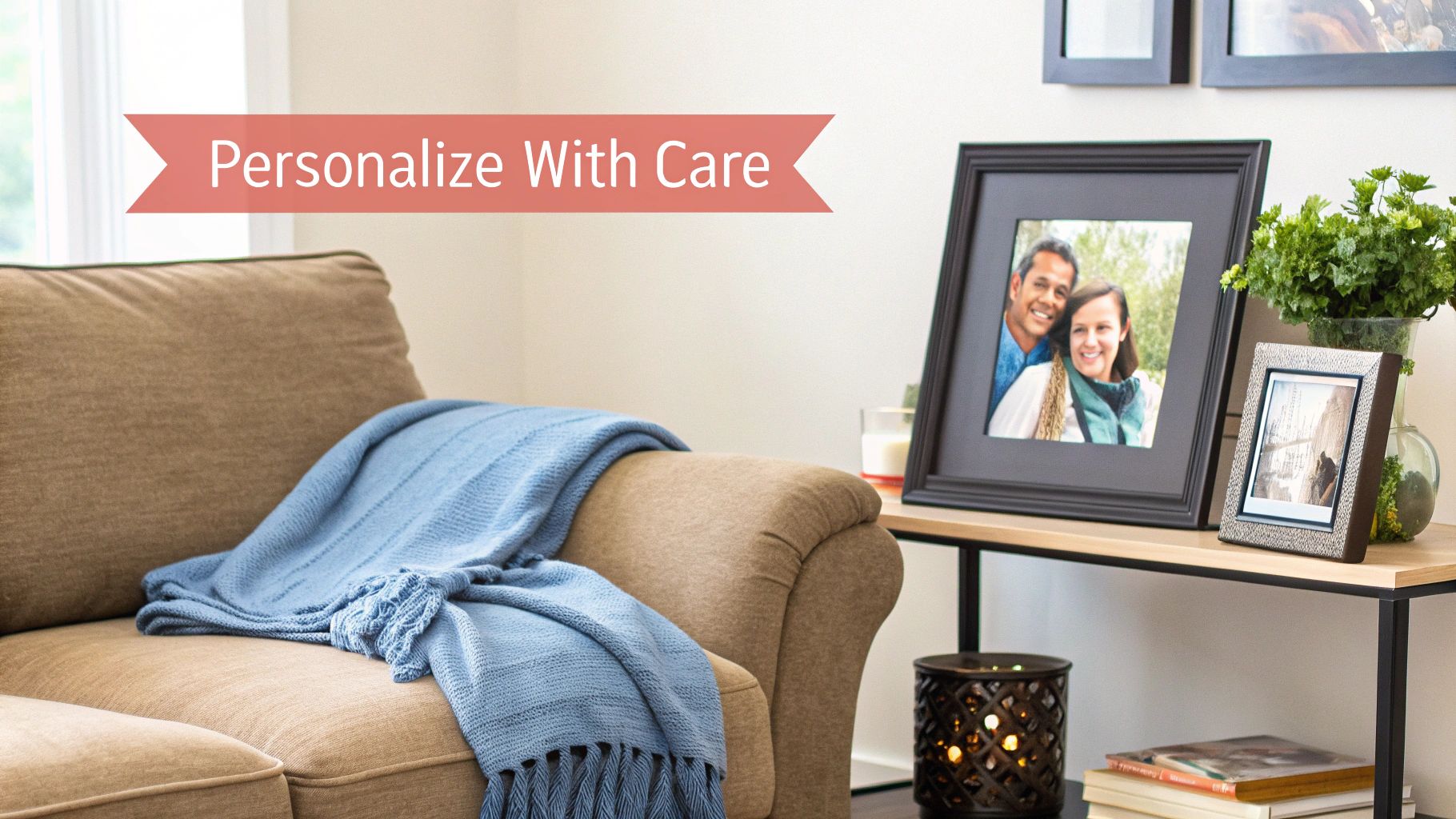 A cozy living room with a brown couch and blue throw, framed photos, and home decor.