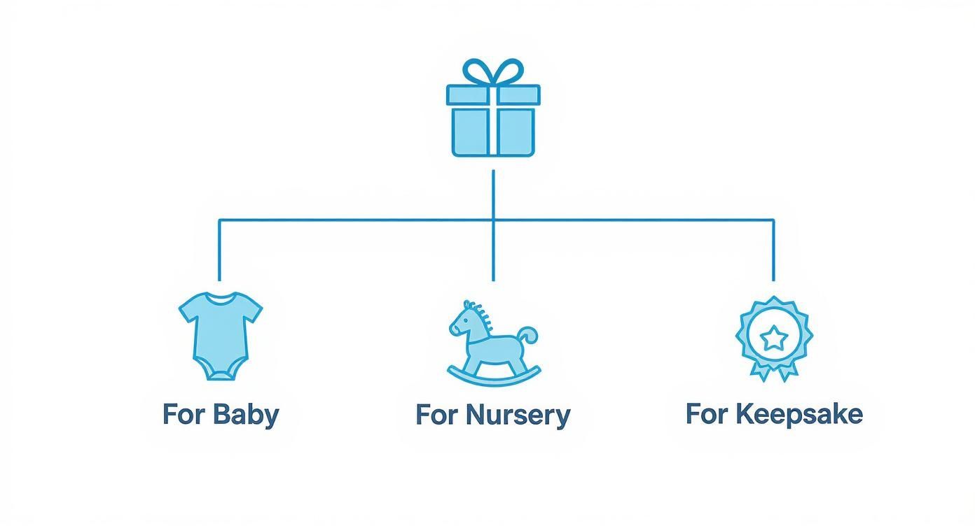 Infographic decision tree for choosing a personalized baby gift, showing paths for baby, nursery, and keepsake items.