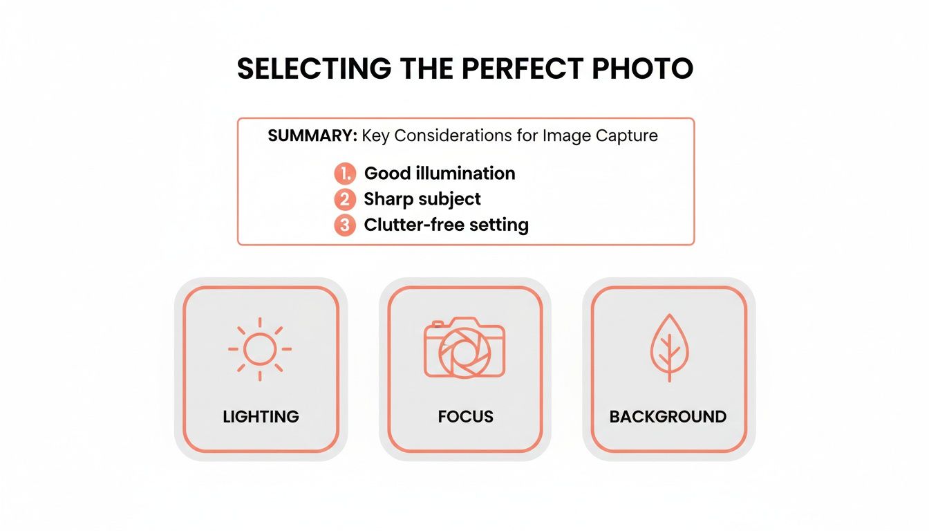 A guide to selecting the perfect photo, highlighting good lighting, sharp focus, and a clear background.