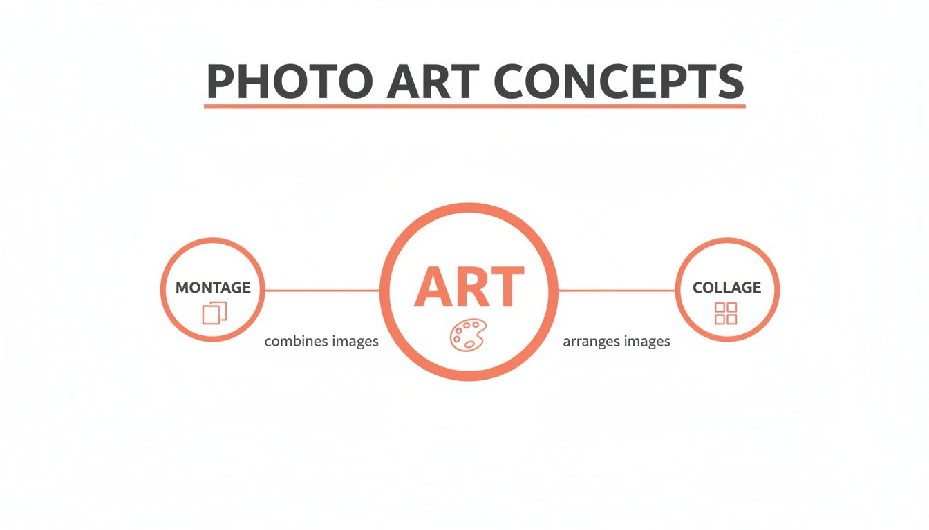 Diagram explaining photo art concepts: montage combines images, while collage arranges images.