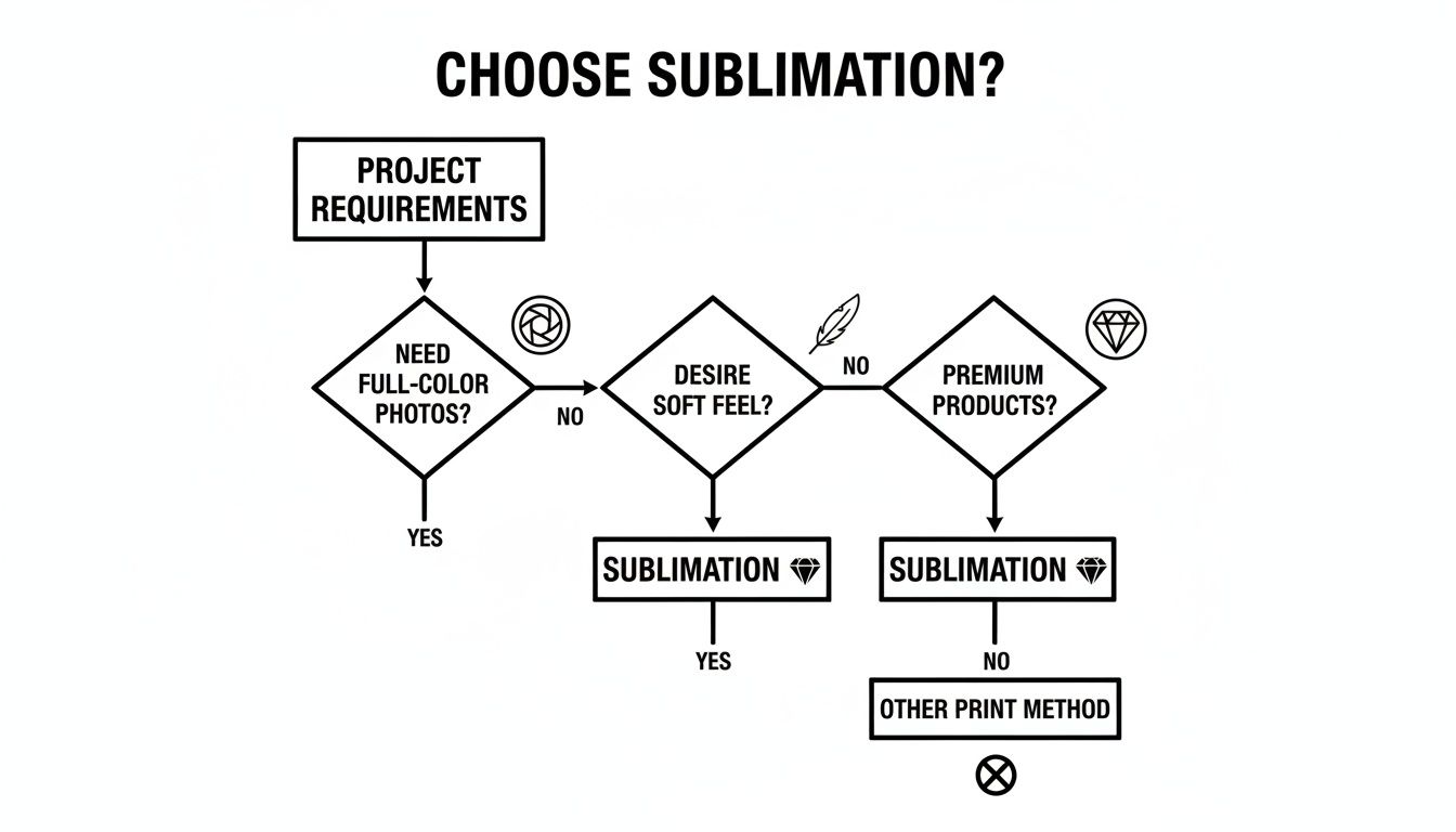 A flowchart guiding the decision to choose sublimation based on needs for full-color photos, soft feel, and premium products.