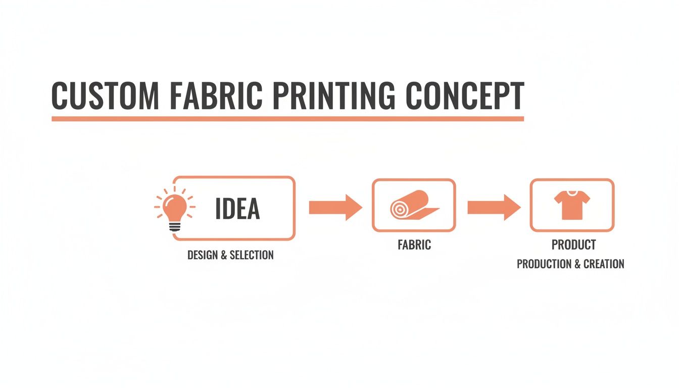 Flowchart illustrating the custom fabric printing concept from idea and design to fabric and product creation.