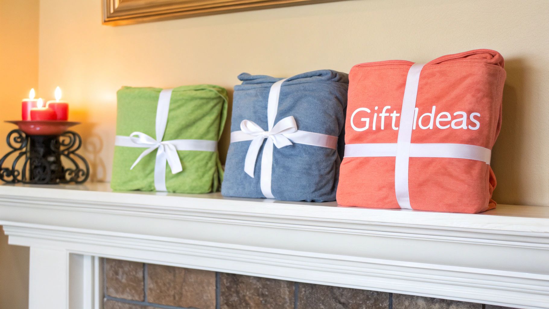 Three colorful blankets wrapped as gifts, displayed on a mantelpiece with lit candles.