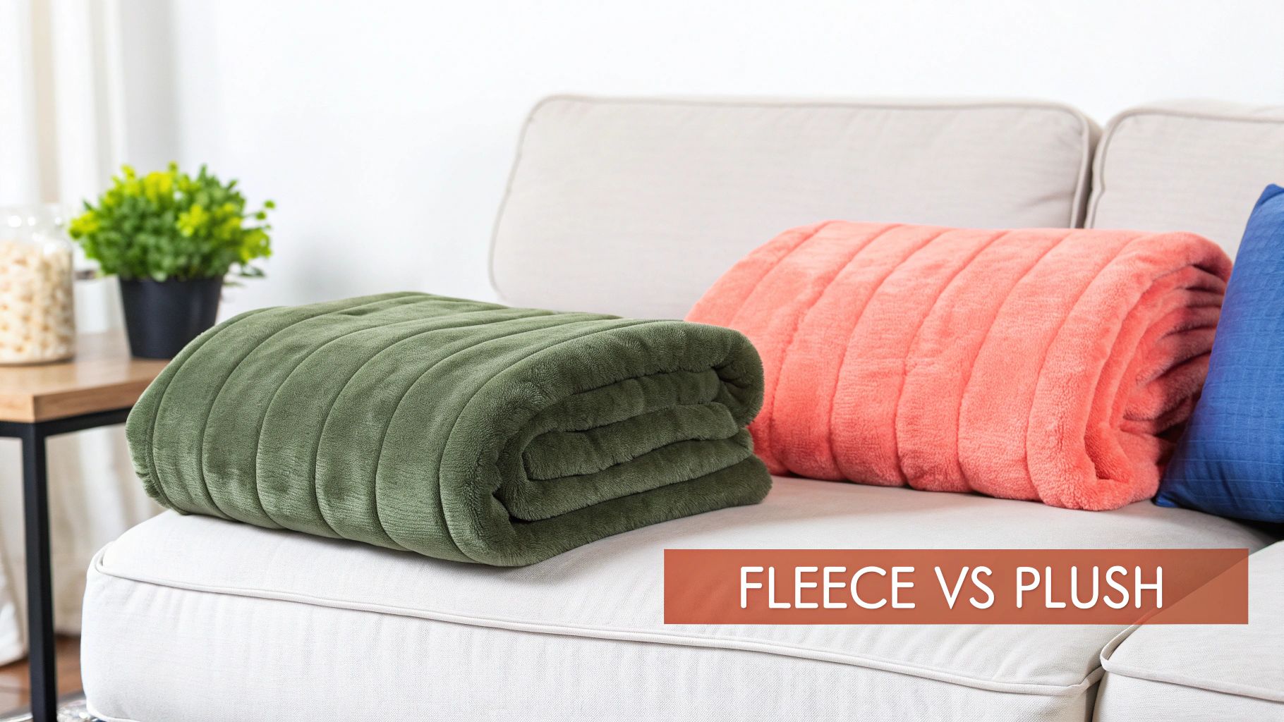 Soft green and coral ribbed blankets on a sofa, illustrating a 'Fleece vs Plush' comparison.