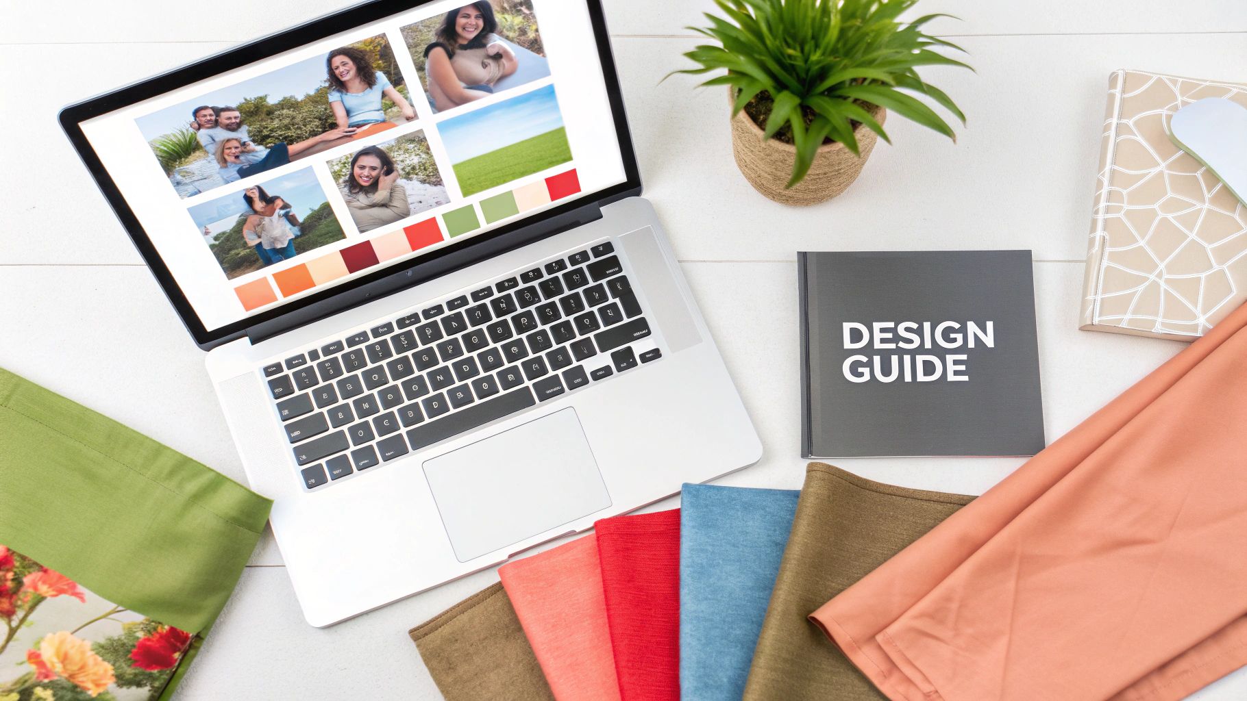 Overhead shot of a creative workspace with a laptop, design guide book, plant, and fabric samples.