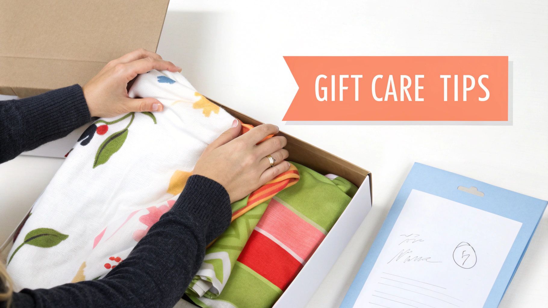 A person carefully places colorful patterned fabrics into a brown gift box with a "Gift Care Tips" banner.