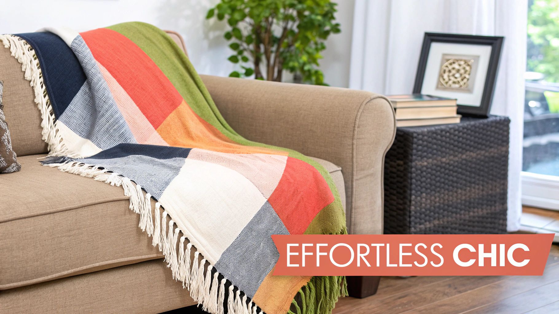 A neatly styled living room with a throw blanket draped over the sofa.