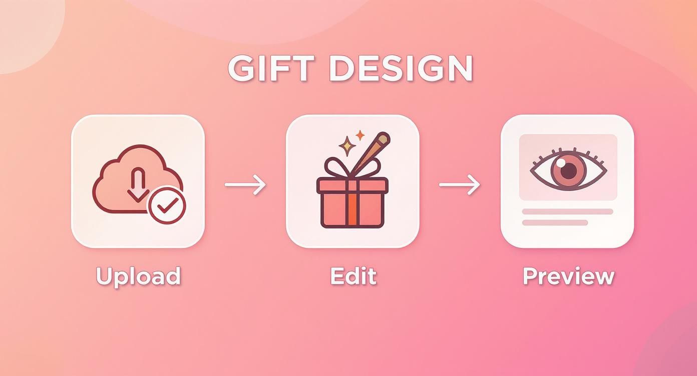 A three-step process for gift design: Upload, Edit, and Preview, illustrated with icons.