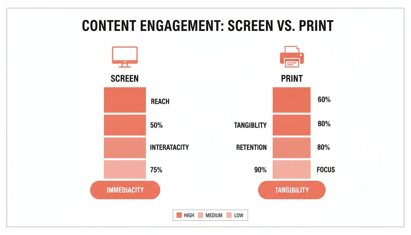 Infographic comparing content engagement metrics for screen and print media.