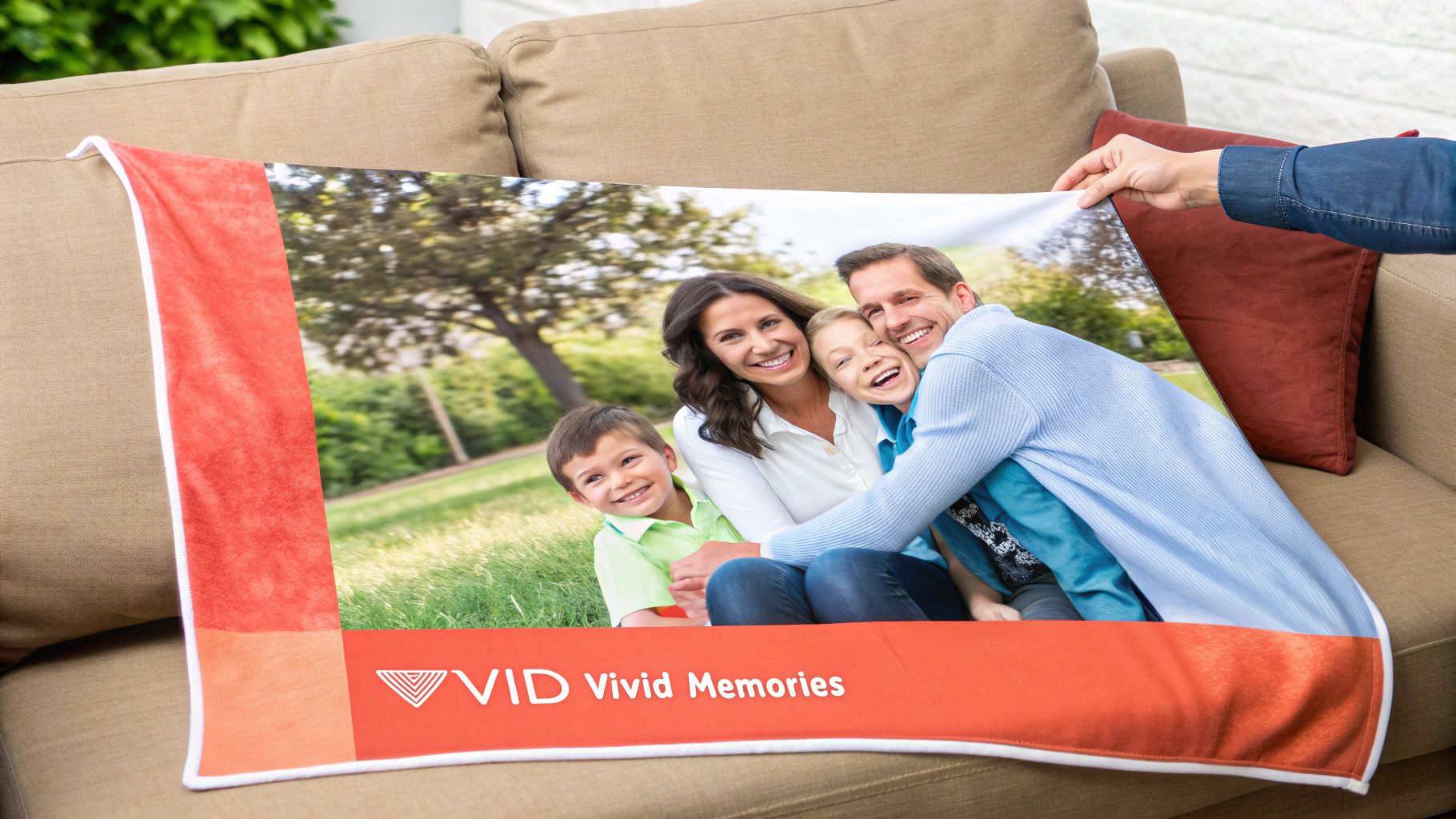 A hand holds a personalized photo blanket featuring a smiling family in a park, displayed on a beige couch.