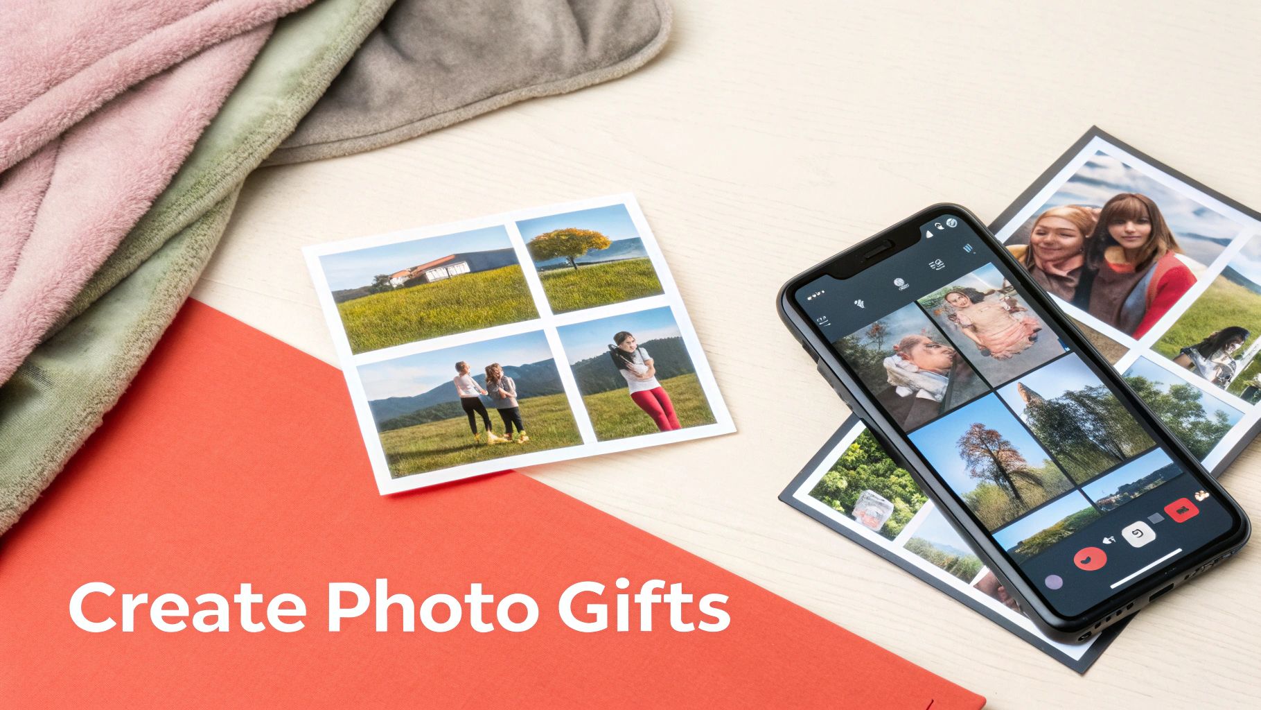 Printed photo collages, a smartphone displaying photos, and soft blankets on a wooden surface.