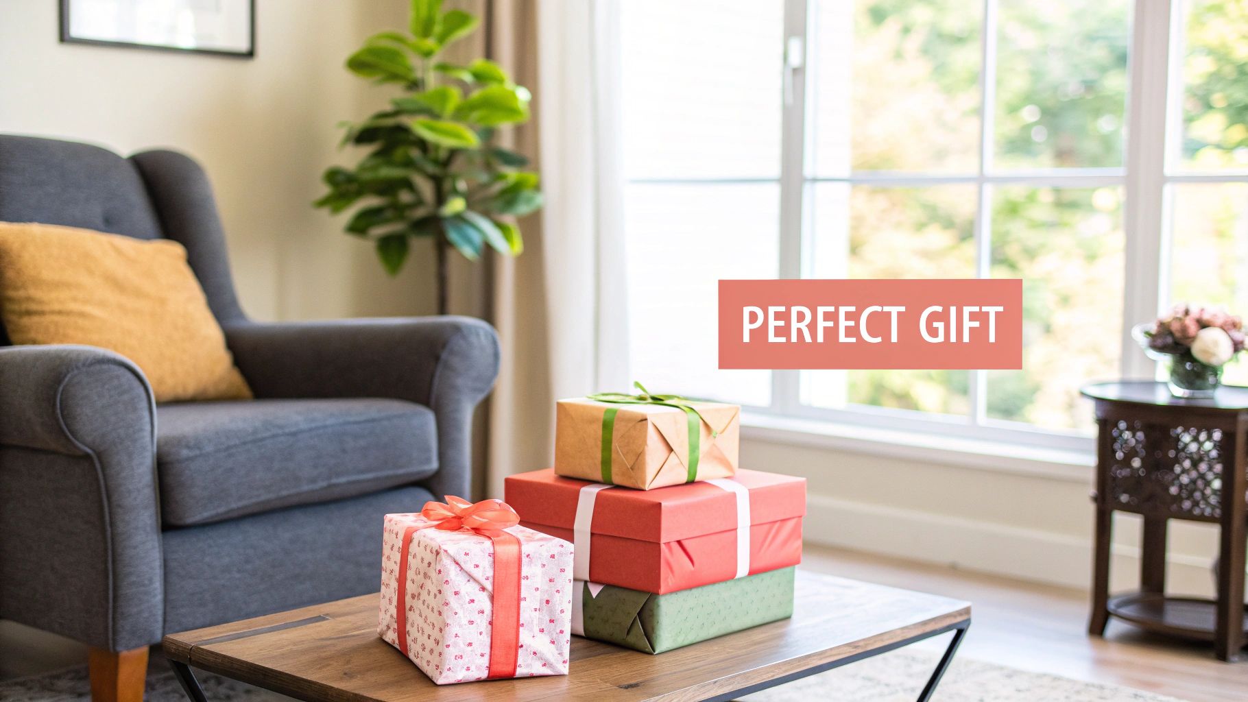 A cozy living room scene with an armchair and a coffee table displaying stacked wrapped gift boxes, with a 'PERFECT GIFT' text overlay.