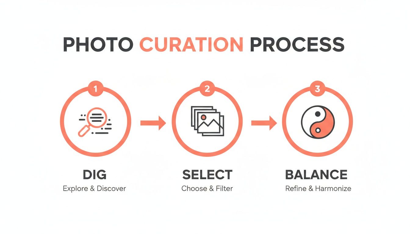 A three-step infographic showing the Photo Curation Process: Dig, Select, and Balance.