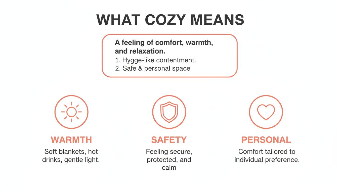 An infographic explaining what 'cozy' means, detailing warmth, safety, and personal comfort with icons.
