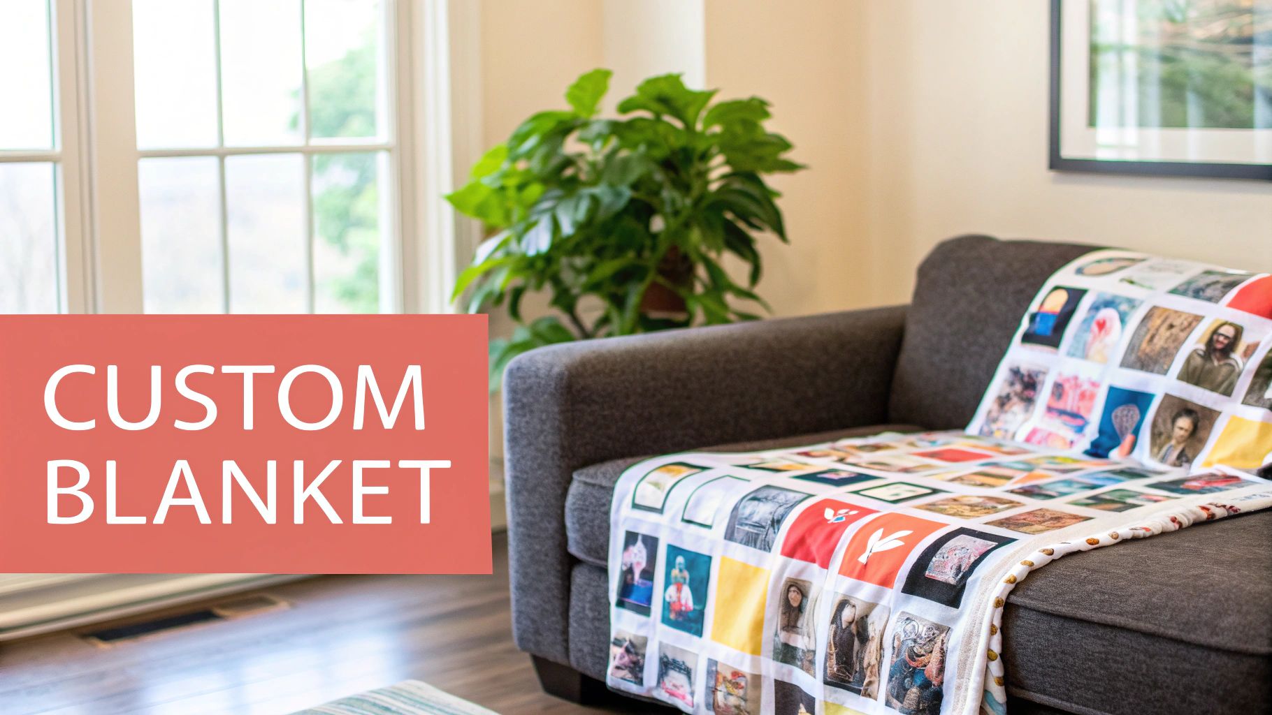 A cozy custom photo blanket featuring a collage of family photos draped over a couch.