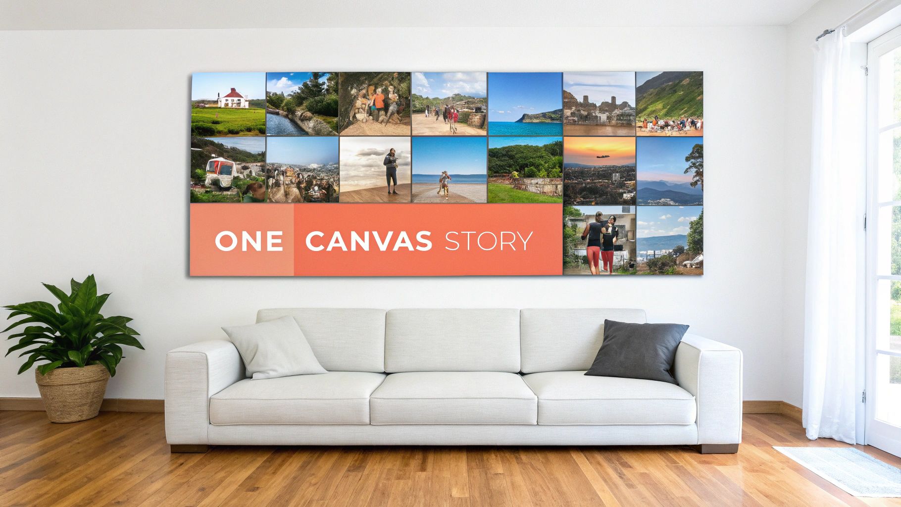A large canvas print with a photo collage and 'ONE CANVAS STORY' text hangs above a white sofa in a modern living room.