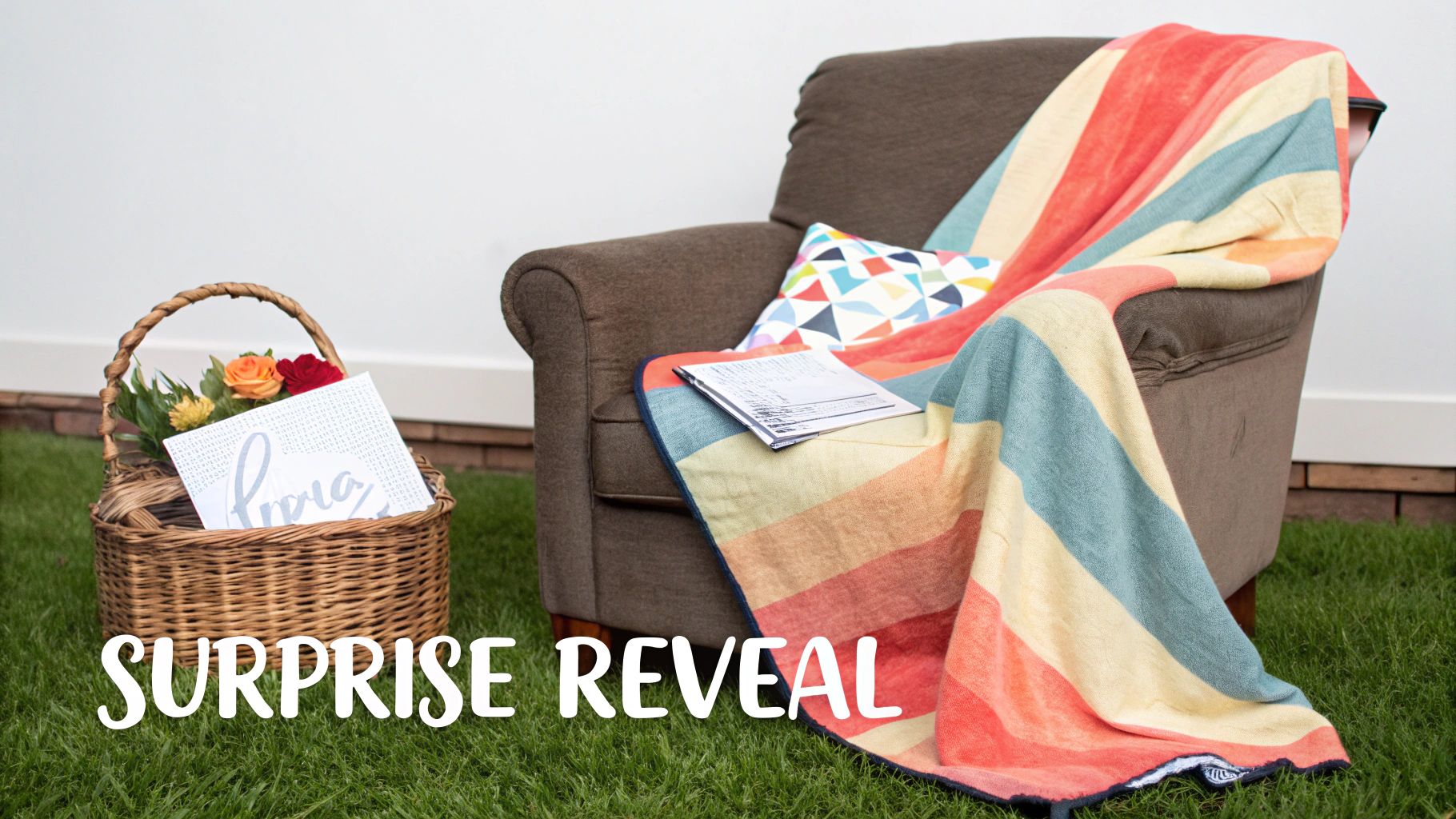 A cozy outdoor setting featuring an armchair with a colorful blanket, flowers, and a 'Love' card.