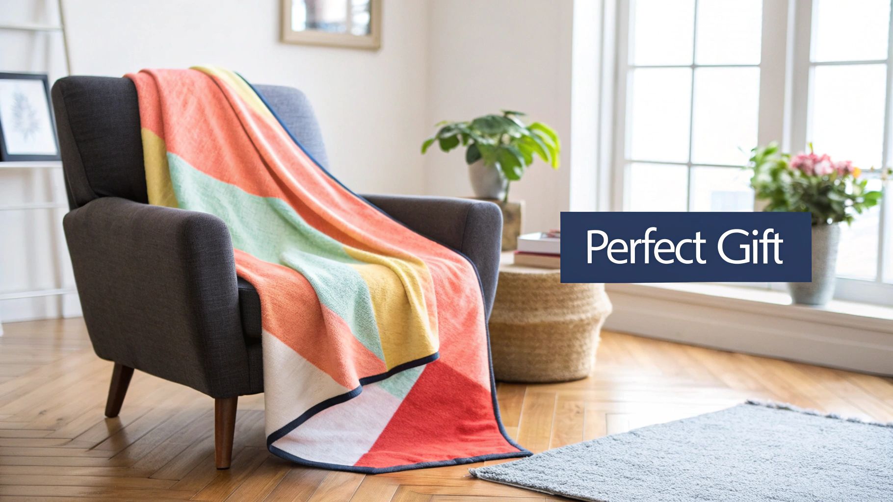 A woman smiling while holding a personalized photo blanket featuring a collage of family pictures.