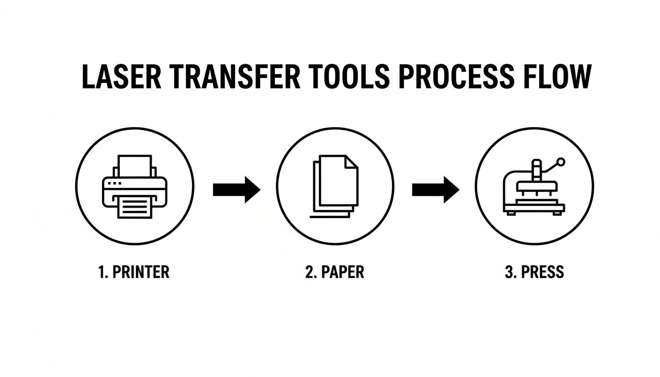 A three-step process flow for laser transfer tools, showing icons for printer, paper, and press.