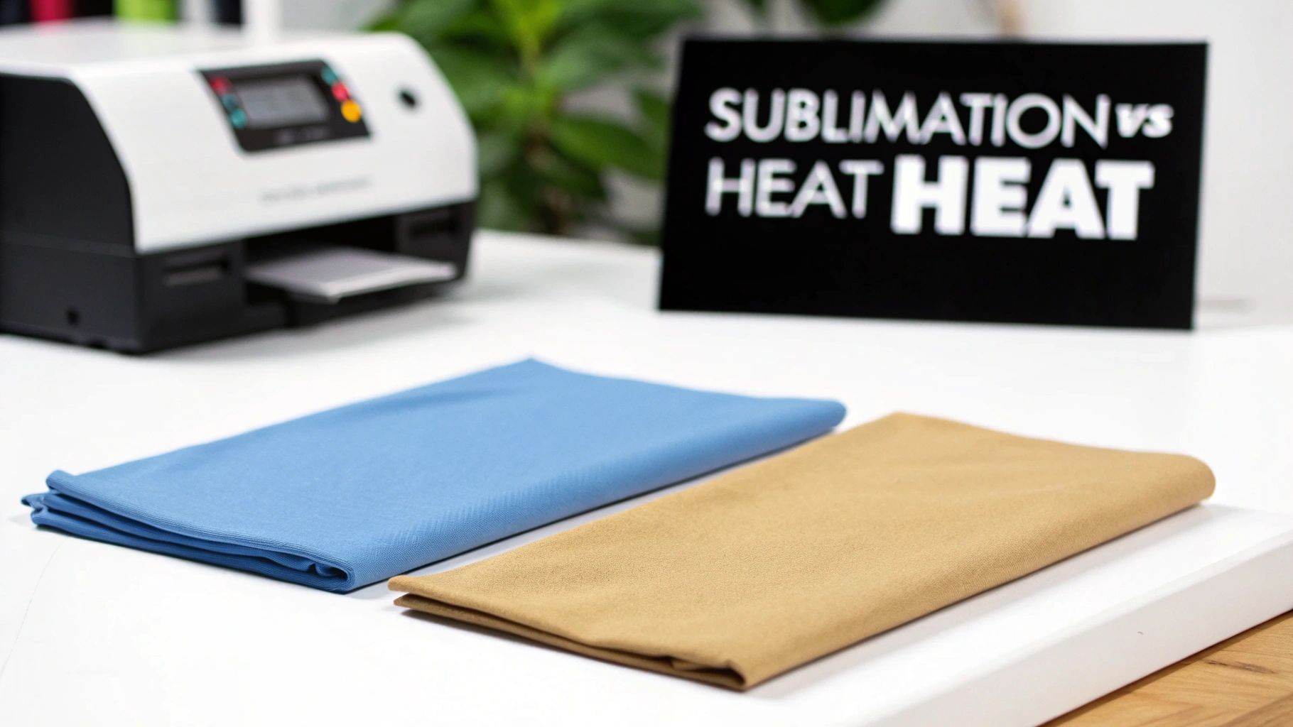 A printer, two folded fabric swatches (blue and tan), and a sign about sublimation vs heat transfer.