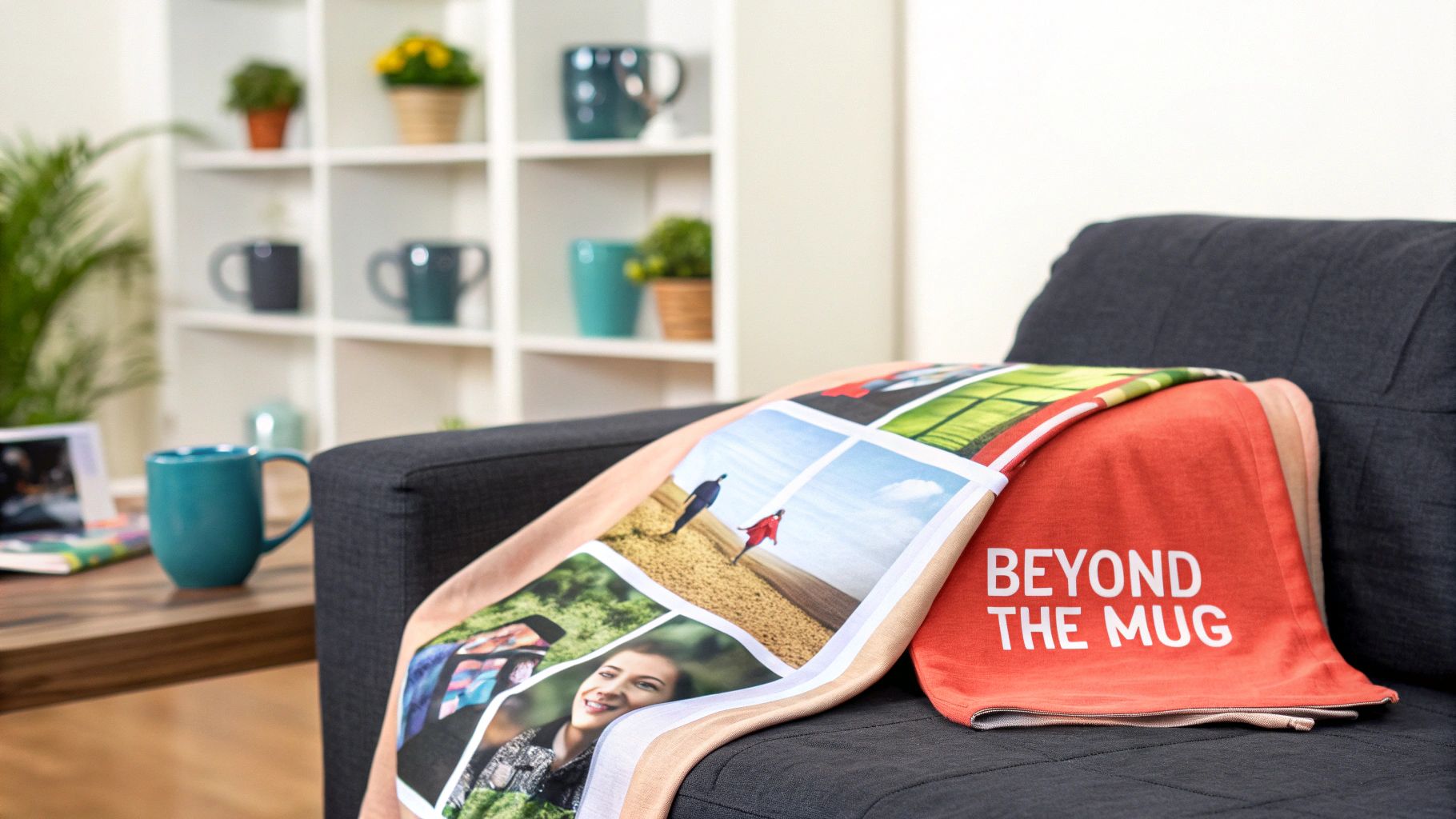 A personalized photo blanket with a collage of memories and 'BEYOND THE MUG' text on a cozy sofa.