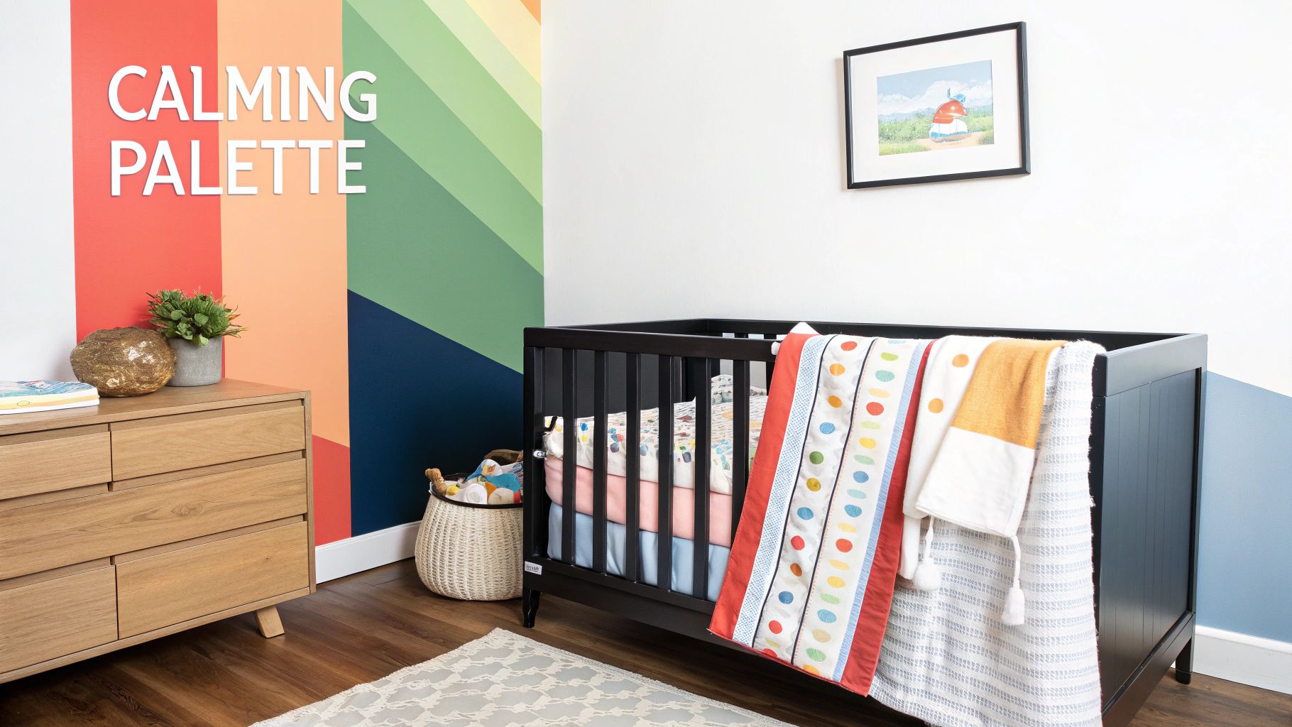 A colorful and modern nursery room featuring a black crib, wooden dresser, and a vibrant color-block wall.