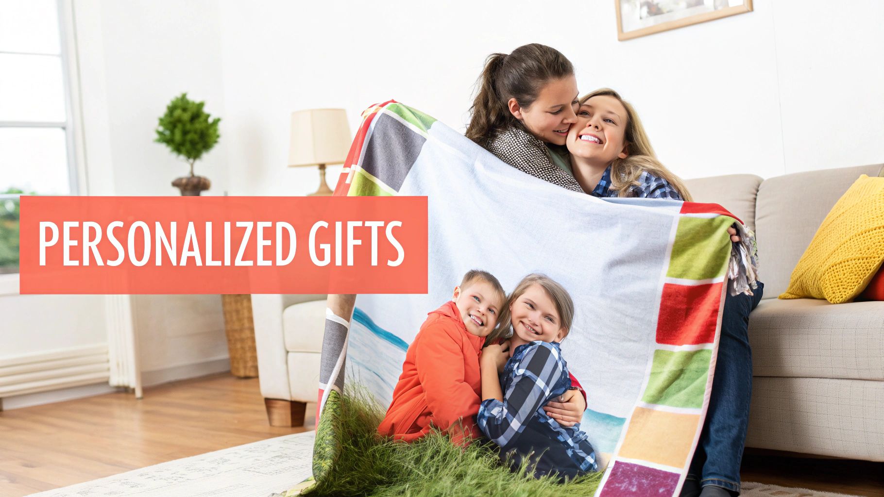 Two happy women wrapped in a personalized photo blanket featuring smiling children in a cozy living room.