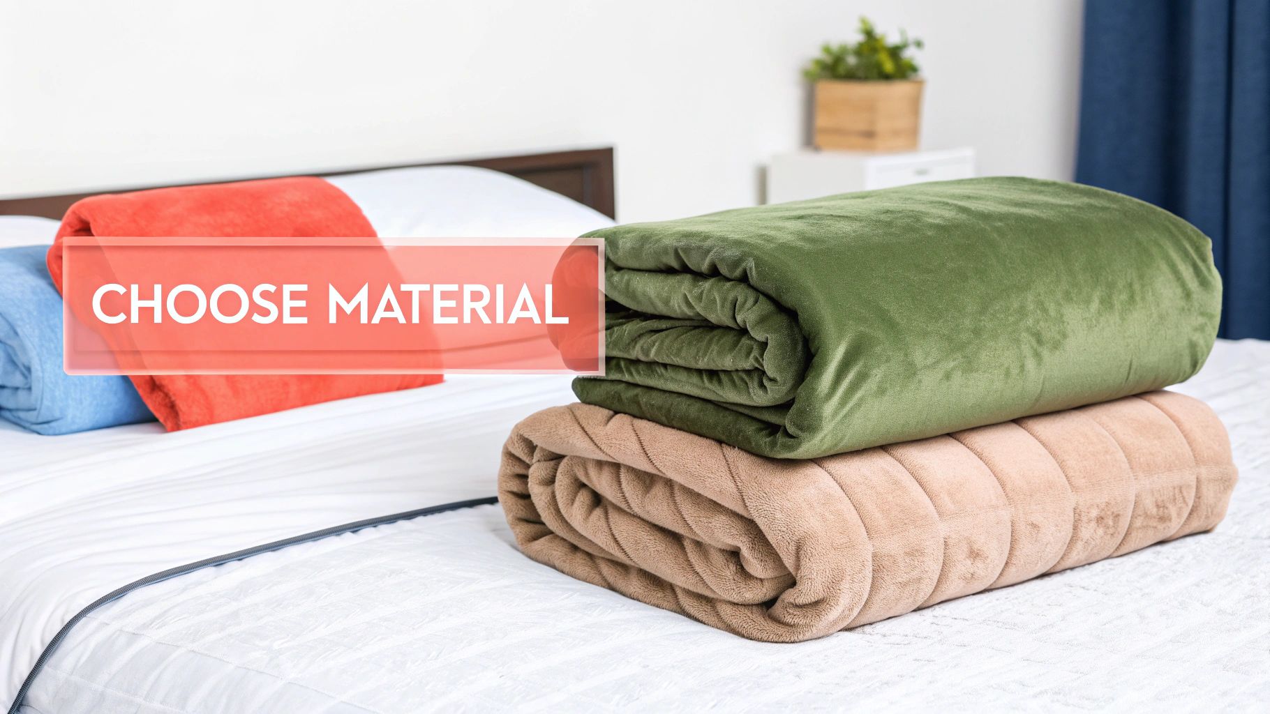 Several colorful folded blankets in blue, orange, green, and brown on a white bed with a 'Choose Material' overlay.