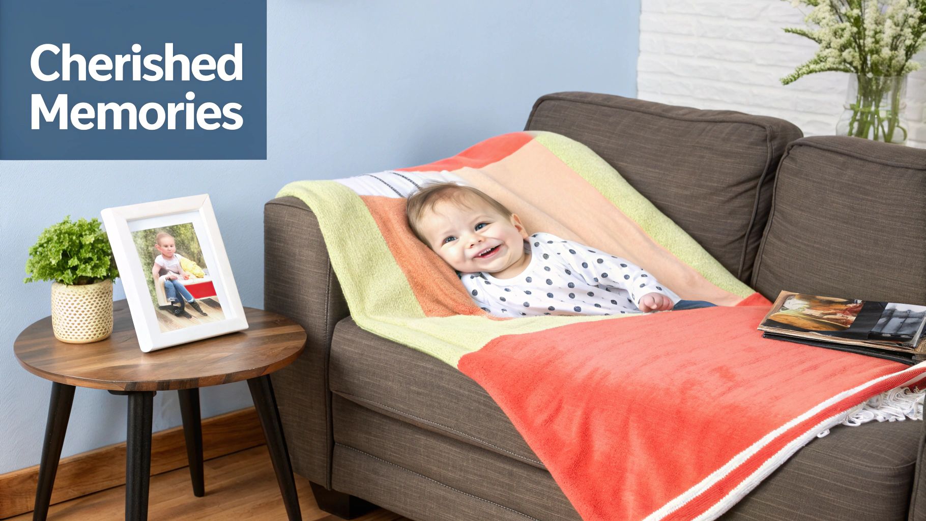 A happy baby smiles on a cozy colorful blanket on a sofa, with family photos nearby.