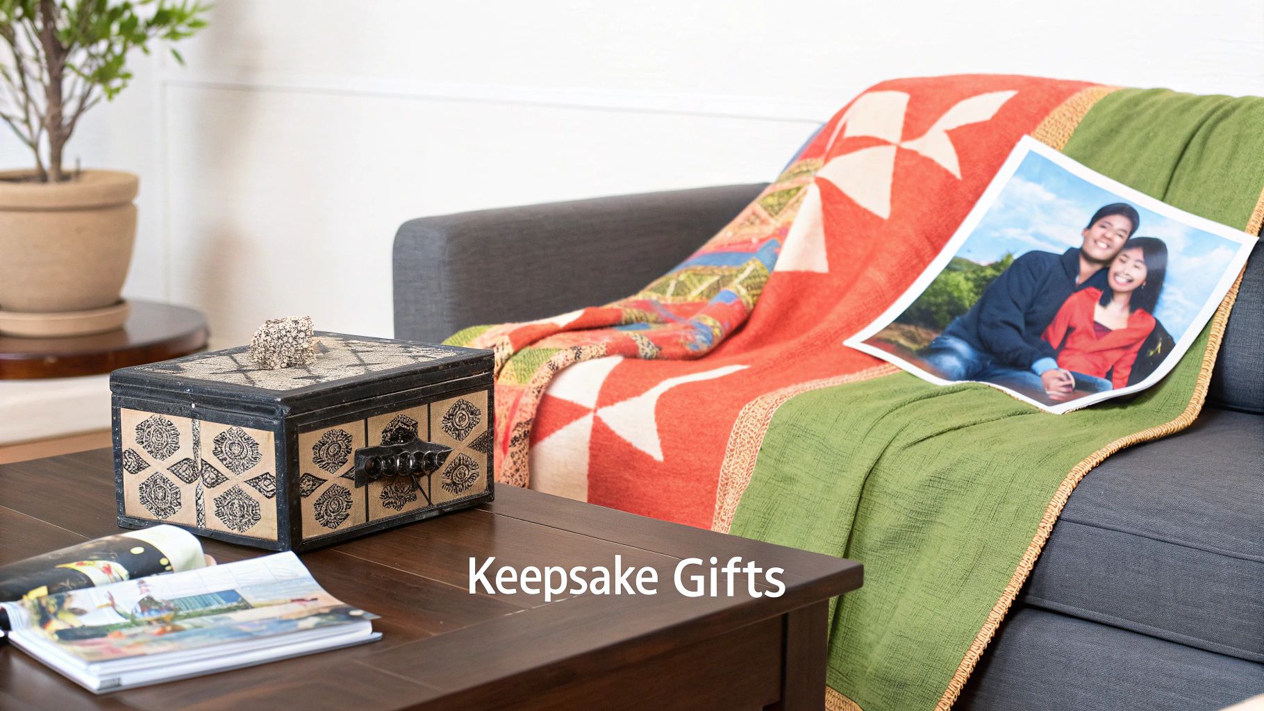 A wooden coffee table displays a decorative keepsake box and magazines, beside a sofa with a personalized blanket and photo.