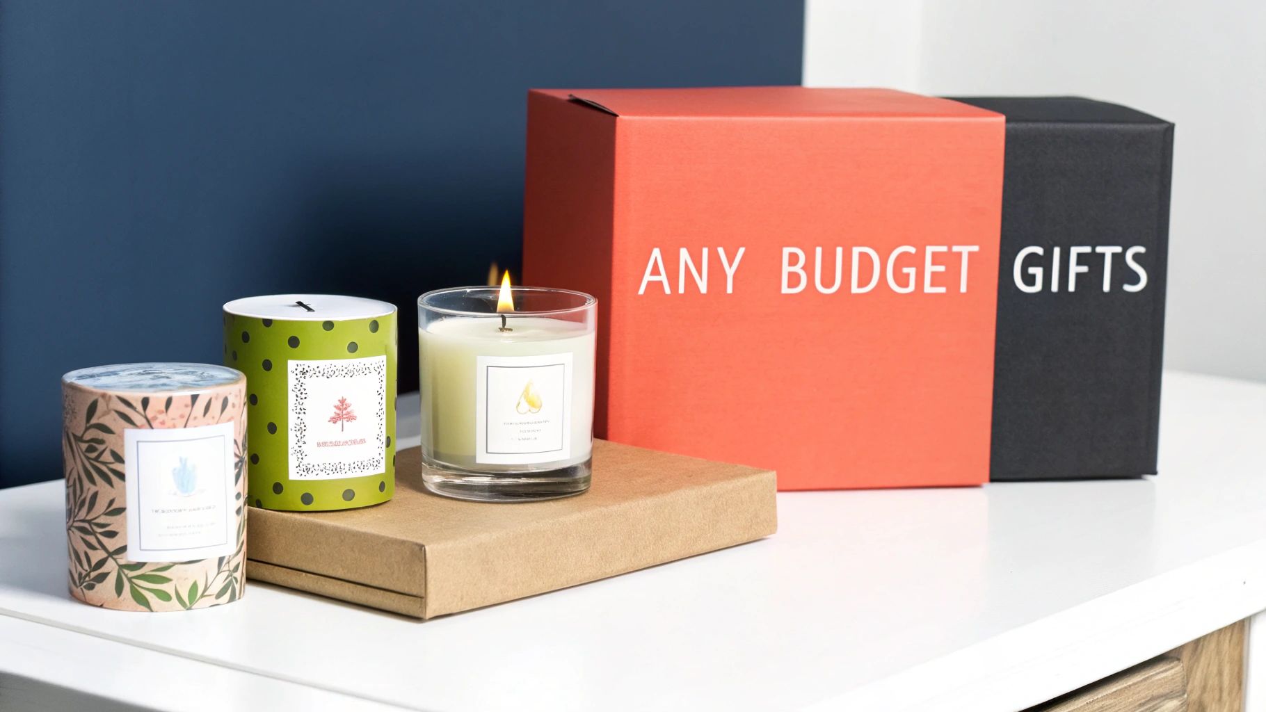 Three decorative candles and two gift boxes on a white surface, featuring 'ANY BUDGET GIFTS'.