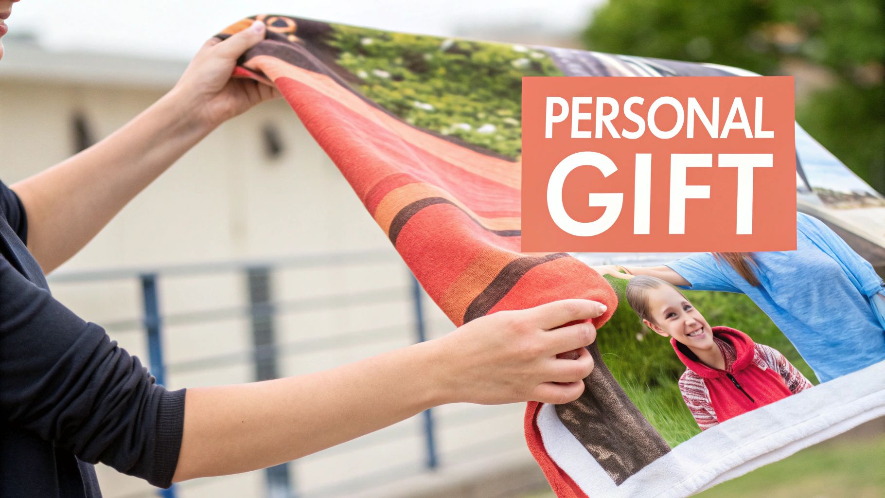 A family posing with a custom photo blanket featuring their picture.